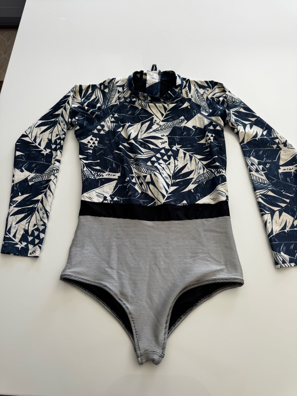 Rip Curl Long Sleeve One Piece Surf Suit Navy Tropical Ribbed Stripe Back Zip